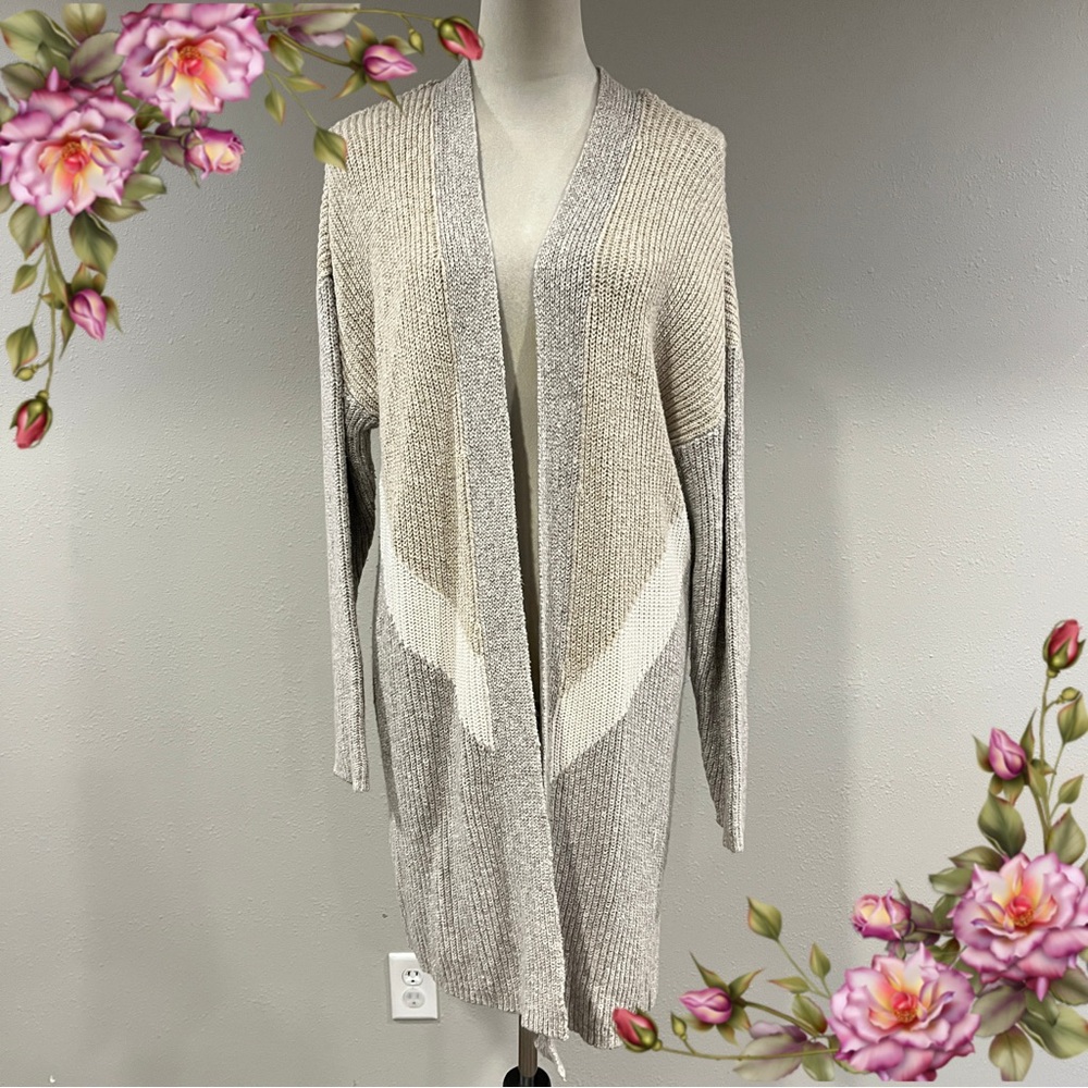 Maurices Cream‎ and Gray Women's long open Cardigan